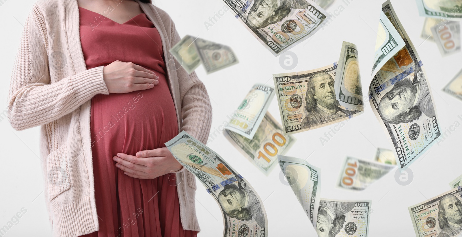 Image of Surrogate mother under money shower on white background, closeup. Banner design