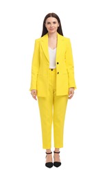 Photo of Beautiful businesswoman in yellow suit on white background