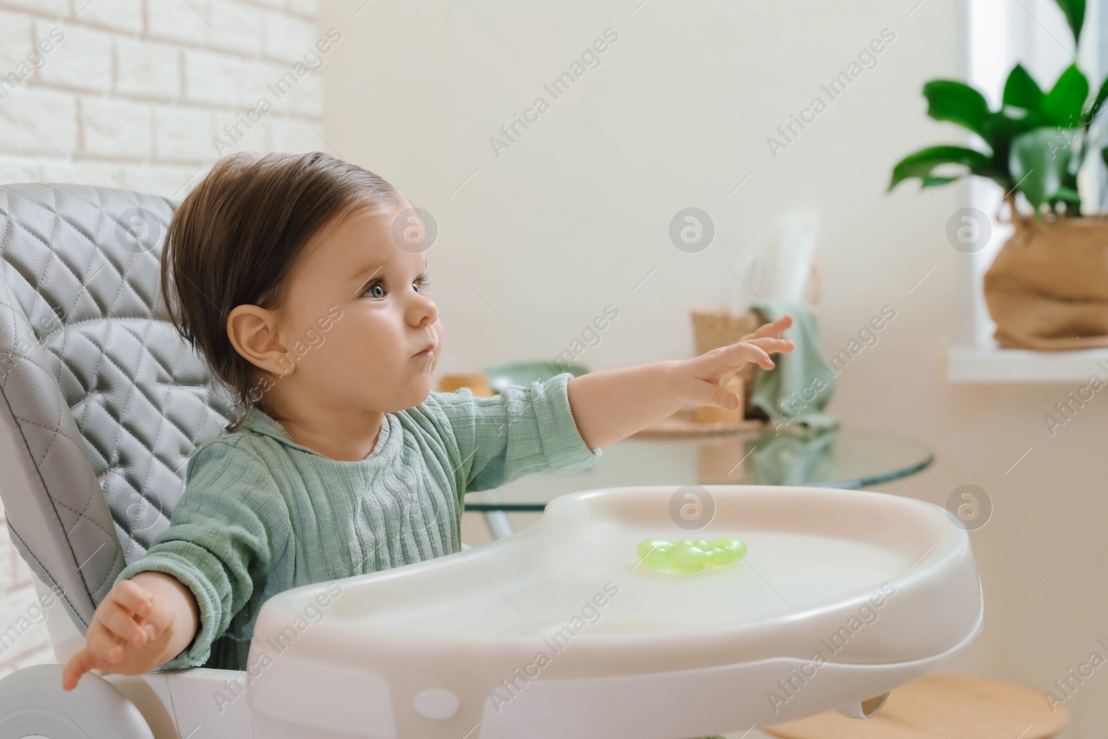 Photo of Cute little baby sitting in high chair indoors