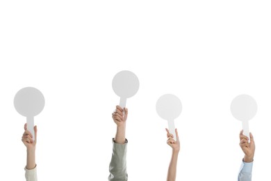 Panel of judges holding blank score signs on white background, closeup. Space for text