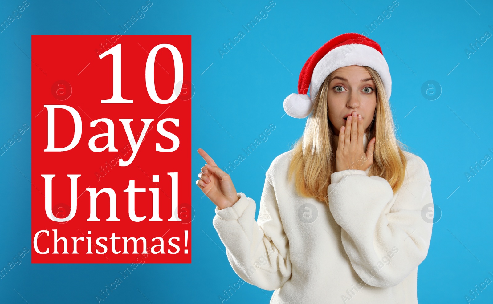 Image of Christmas countdown. Surprised woman wearing Santa hat on blue background near text