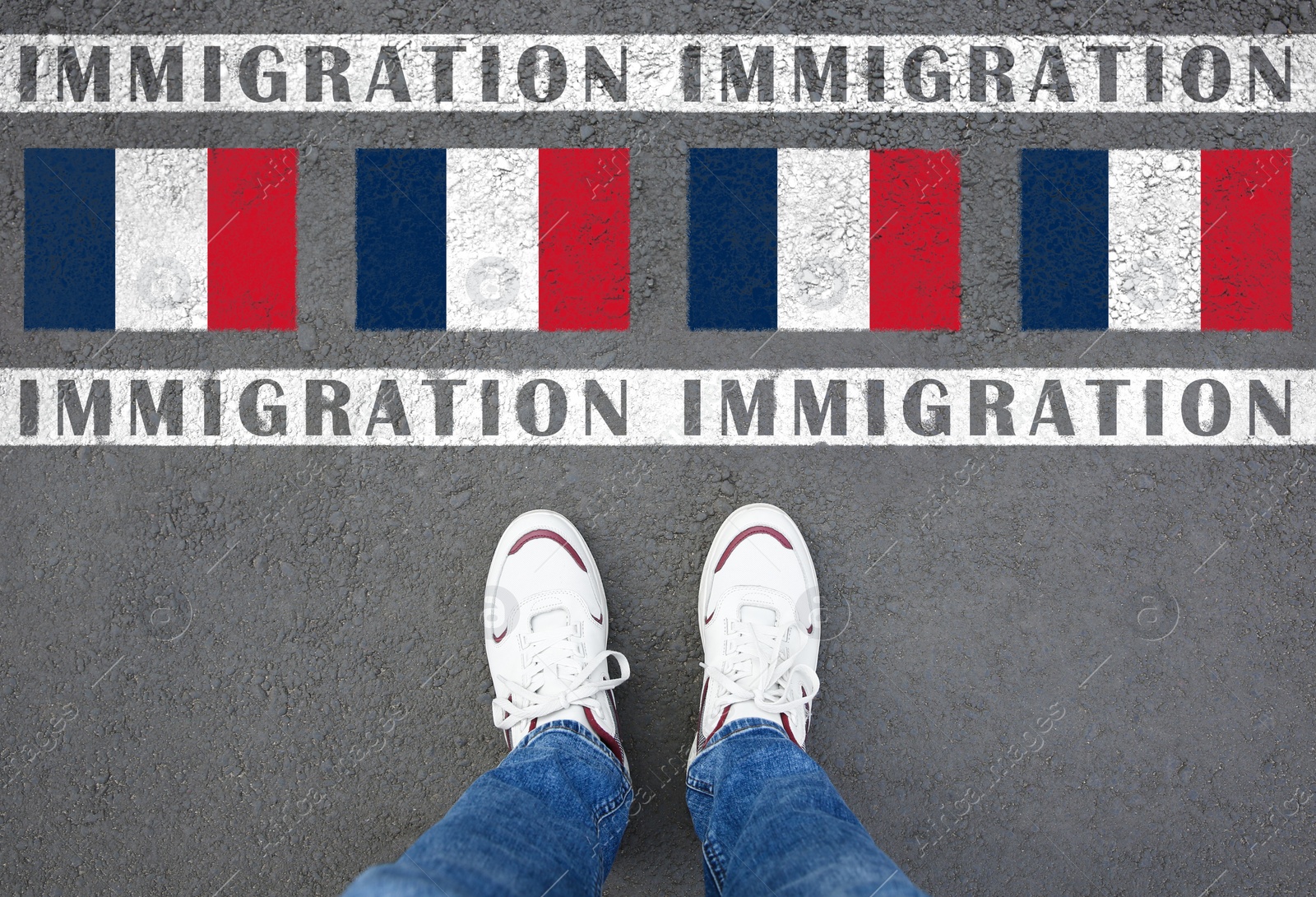 Image of Immigration. Man standing on asphalt near flag of France, top view