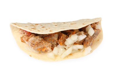 Delicious taco with meat and onion isolated on white