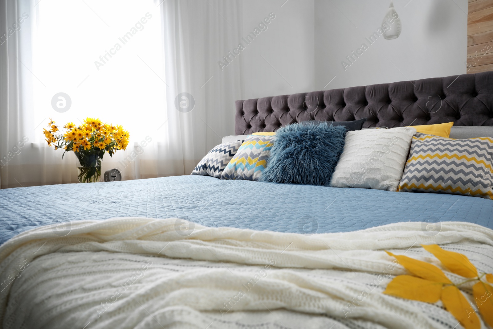 Photo of Different pillows on bed in room. Idea for interior decor