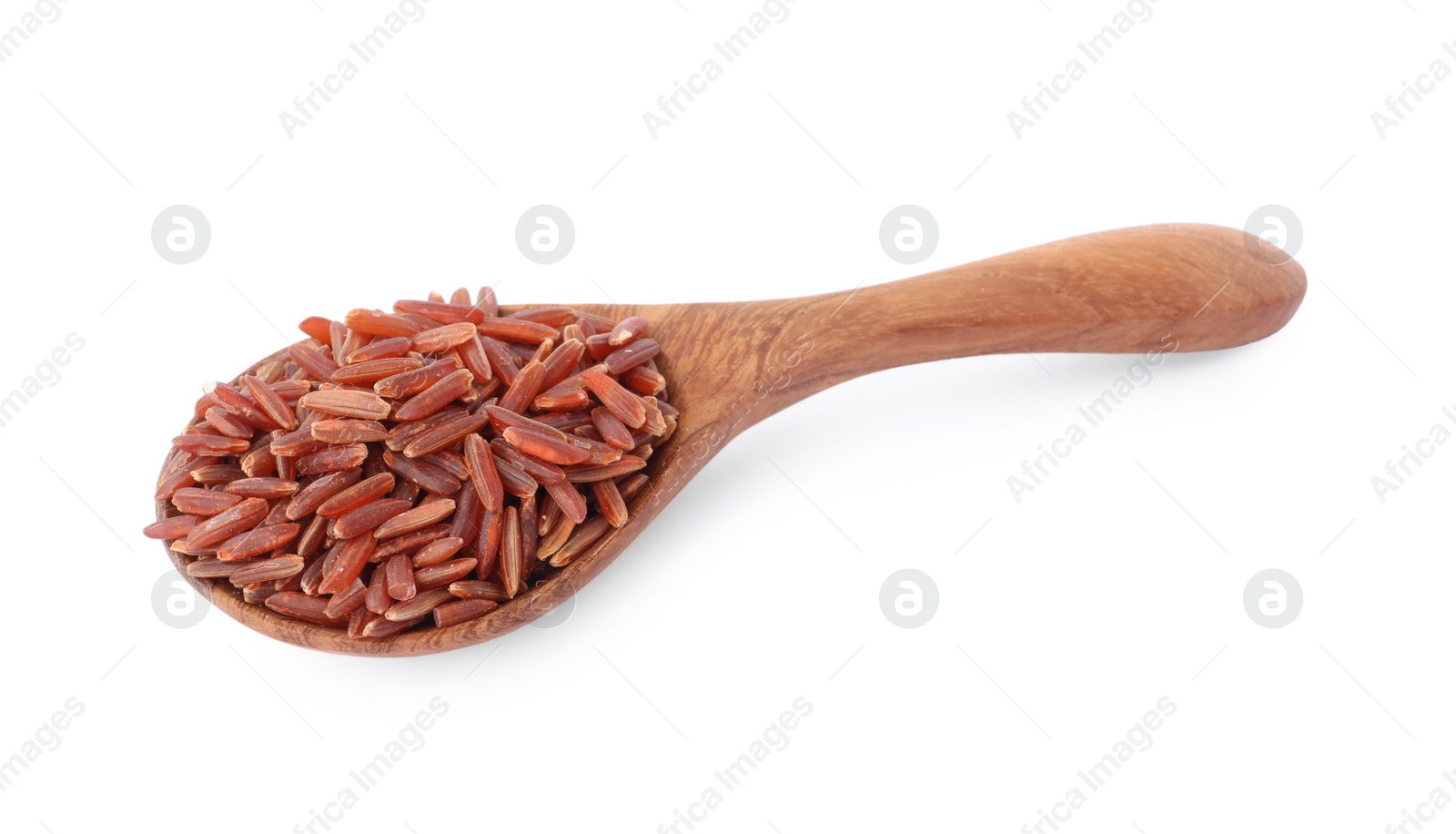 Photo of Spoon with raw red rice isolated on white