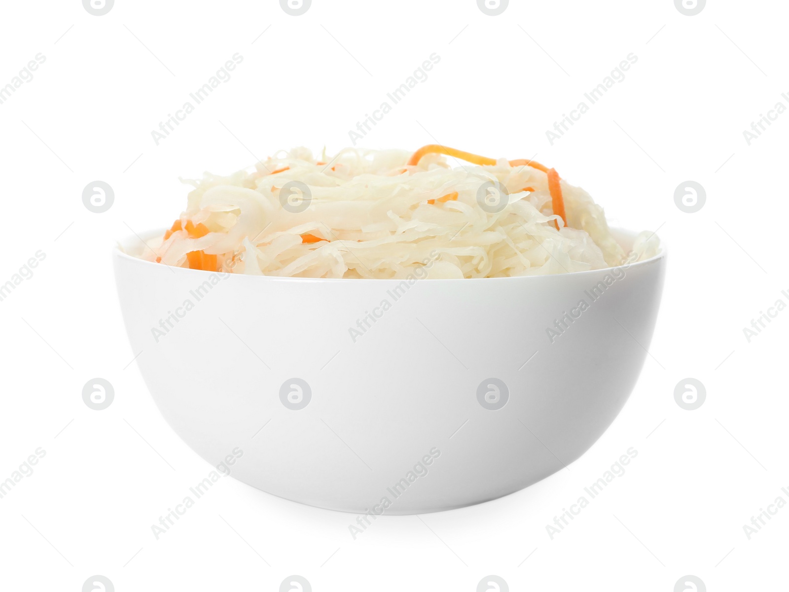 Photo of Bowl of tasty fermented cabbage isolated on white