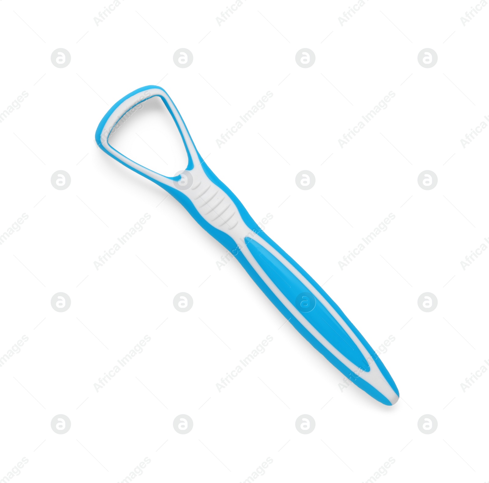 Photo of One light blue tongue cleaner isolated on white, top view. Dental care