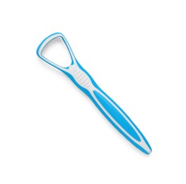 Photo of One light blue tongue cleaner isolated on white, top view. Dental care