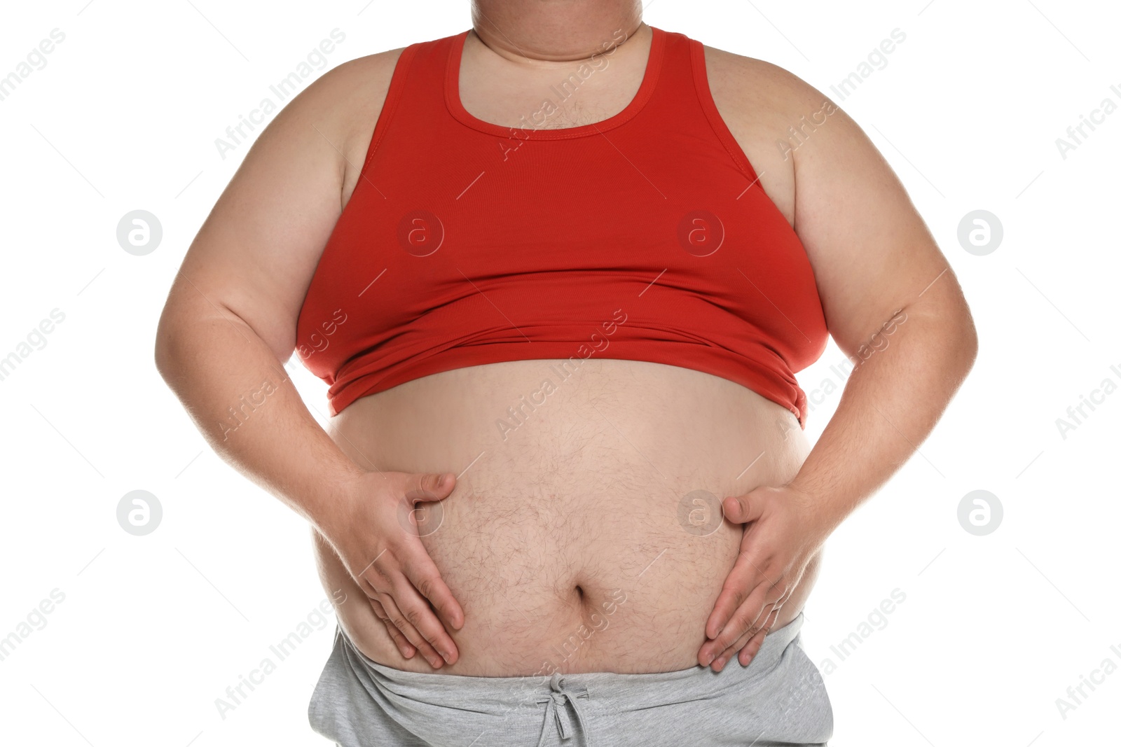 Photo of Overweight man posing on white background, closeup