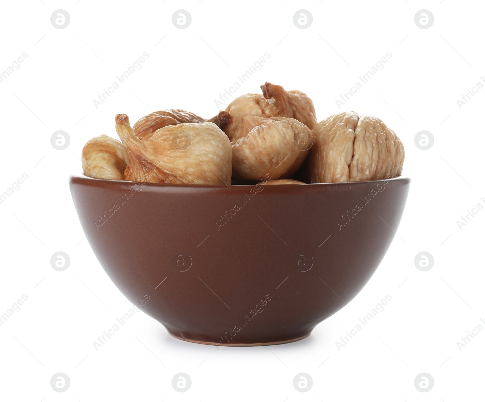 Photo of Bowl with figs on white background. Dried fruit as healthy food