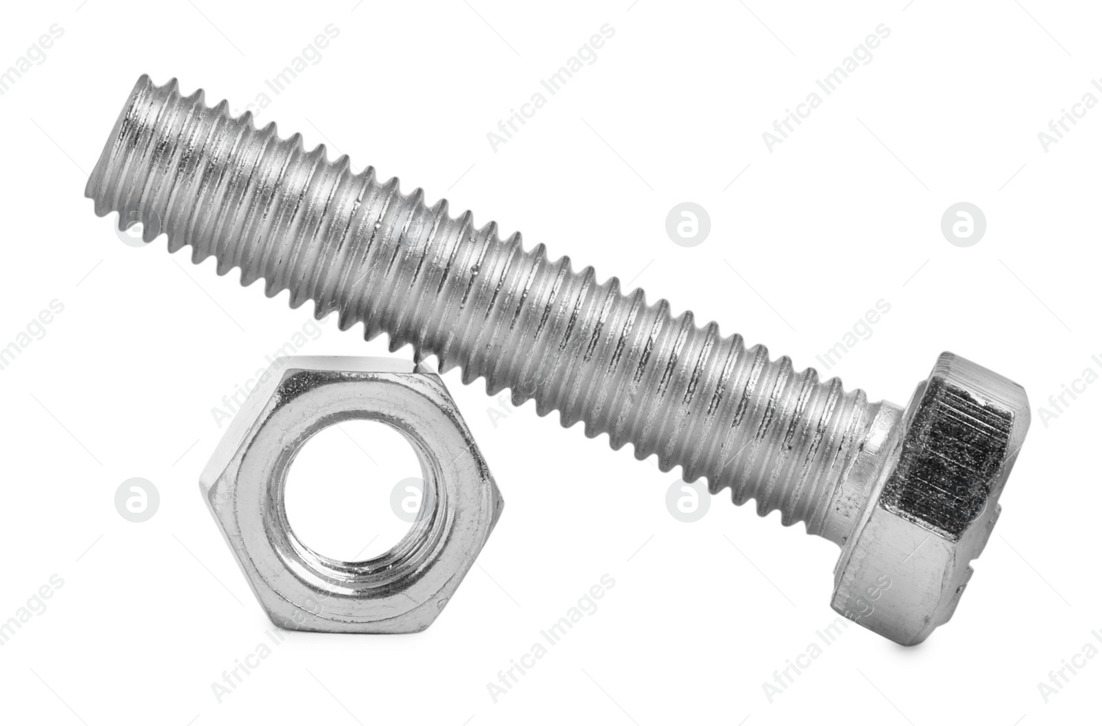 Photo of Metal hex bolt with nut isolated on white