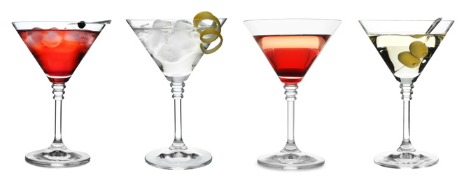 Image of Set of refreshing alcoholic drinks on white background. Banner design