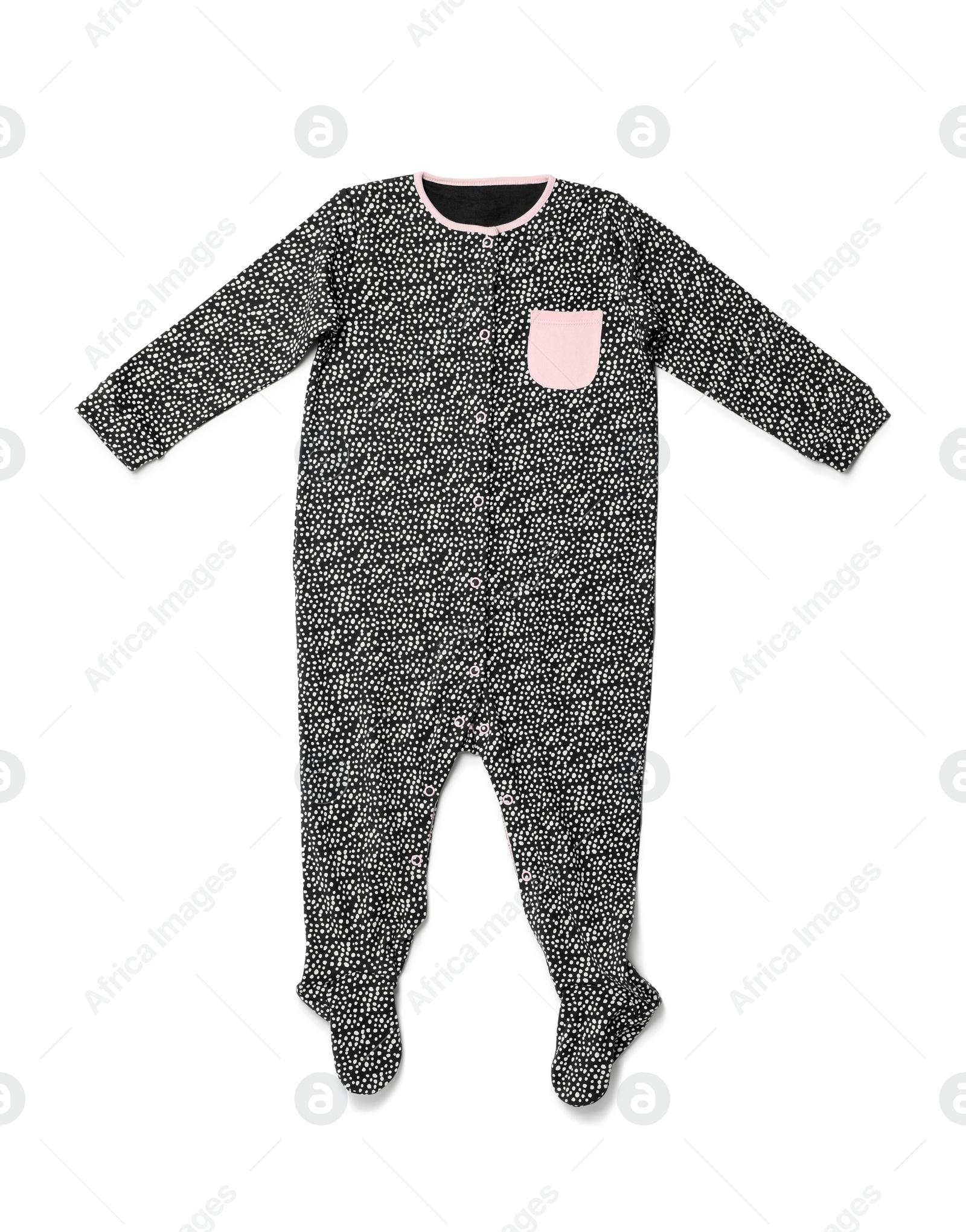 Photo of Cute baby bodysuit isolated on white, top view