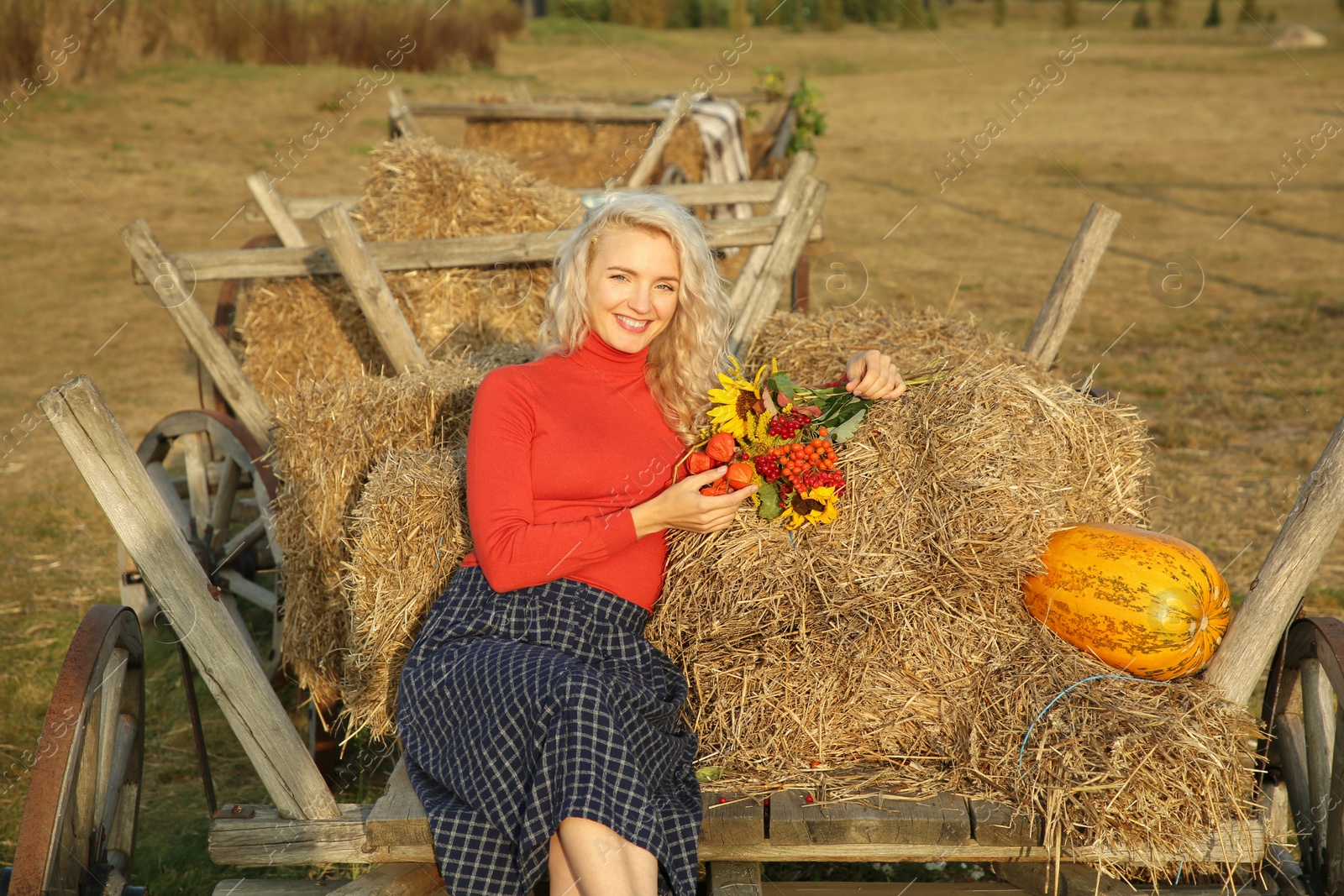 Photo of Beautiful woman with bouquet sitting on wooden cart with pumpkin and hay in field. Autumn season