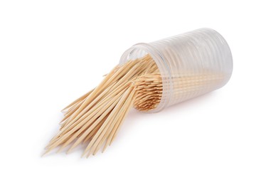 Photo of Holder with wooden toothpicks on white background