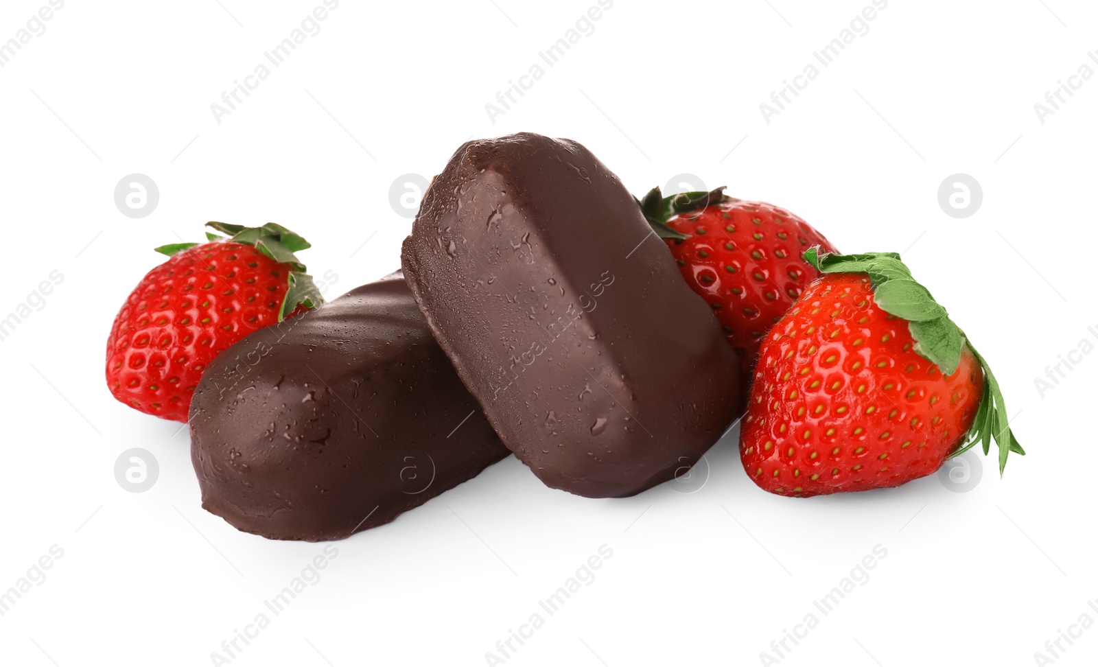 Photo of Delicious glazed curd snacks and fresh strawberries isolated on white