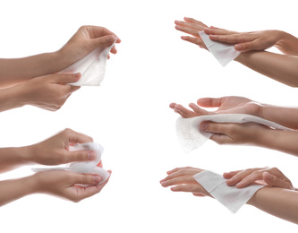 Image of Closeup view of people cleaning hands with wet wipes on white background, collage