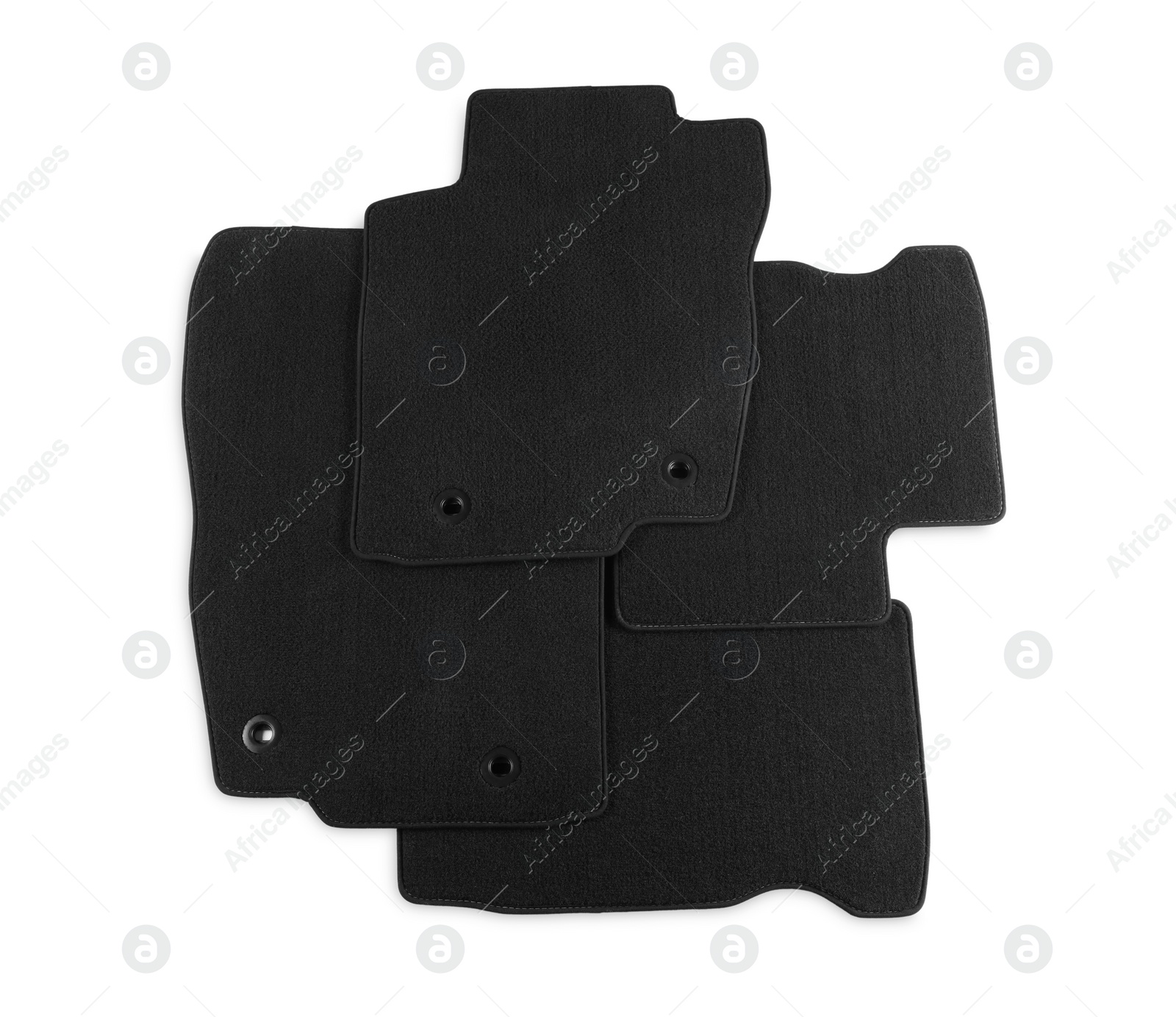 Photo of Black car floor carpets on white background, top view