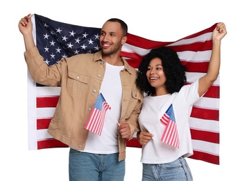 Image of 4th of July - Independence day of America. Happy couple with national flags of United States on white background
