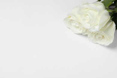 Photo of Beautiful roses on white background, space for text. Funeral symbol