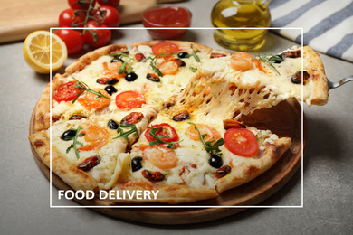 Delicious seafood pizza on grey table, closeup. Food delivery service