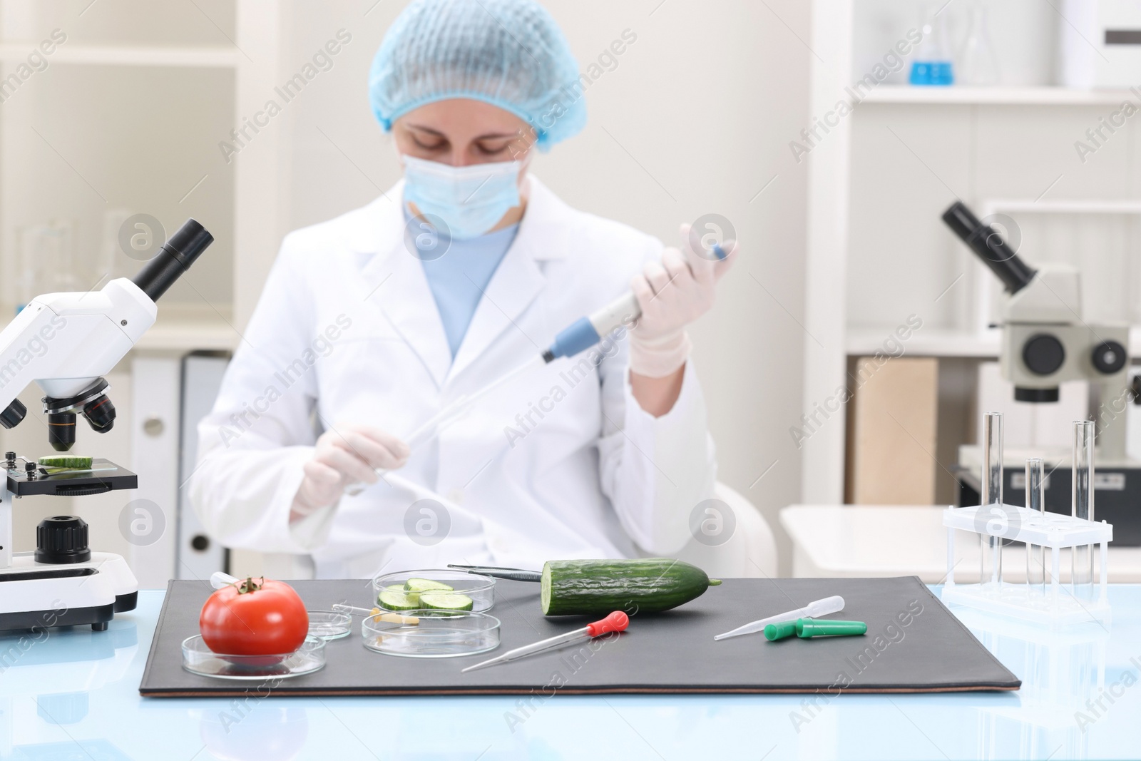 Photo of Quality control. Food inspector checking safety of products in laboratory