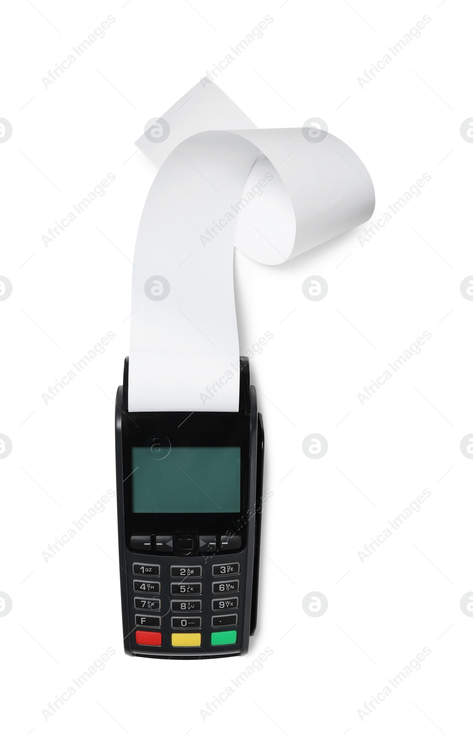 Photo of Payment terminal with thermal paper for receipt isolated on white, top view