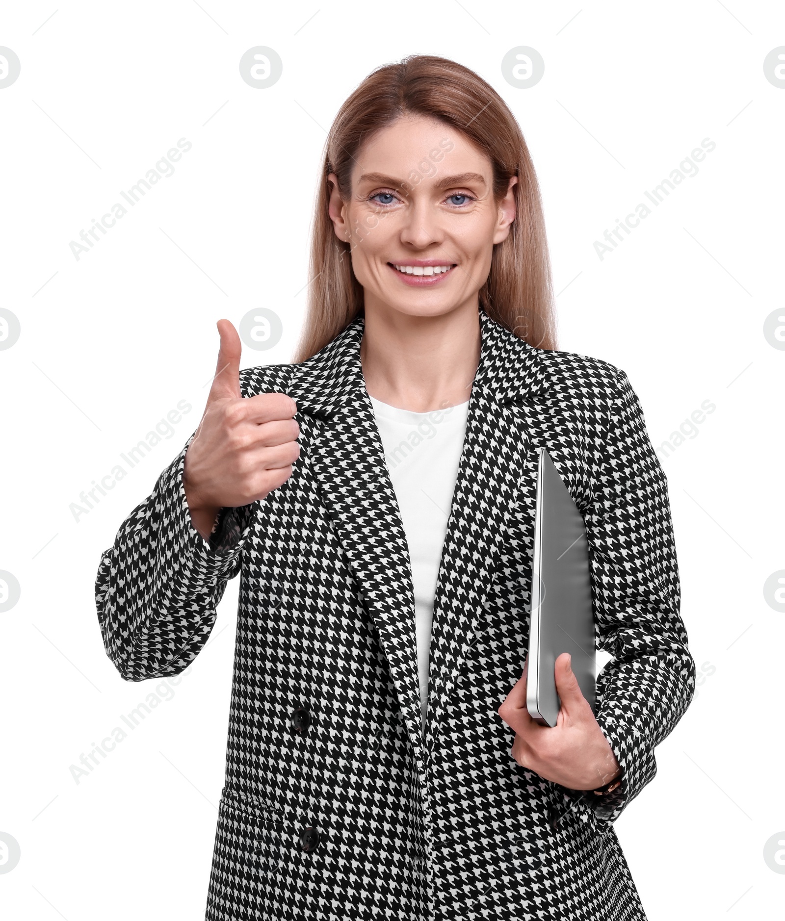 Photo of Beautiful happy businesswoman with laptop showing thumb up on white background