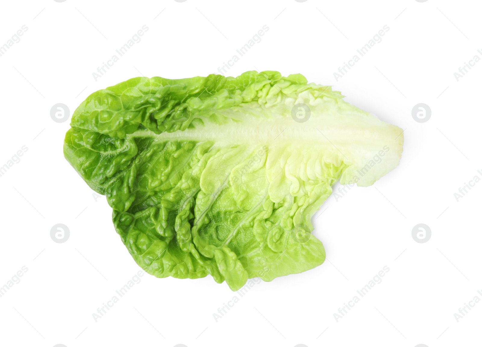 Photo of Fresh leaf of green romaine lettuce isolated on white, top view