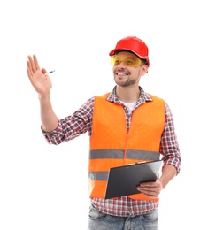 Photo of Male industrial engineer in uniform with clipboard on white background. Safety equipment