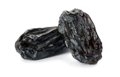 Photo of Tasty raisins on white background. Healthy dried fruit