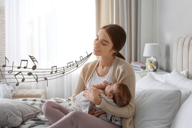 Image of Mother singing lullaby to her sleepy baby at home. Illustration of flying musical notes around woman and child
