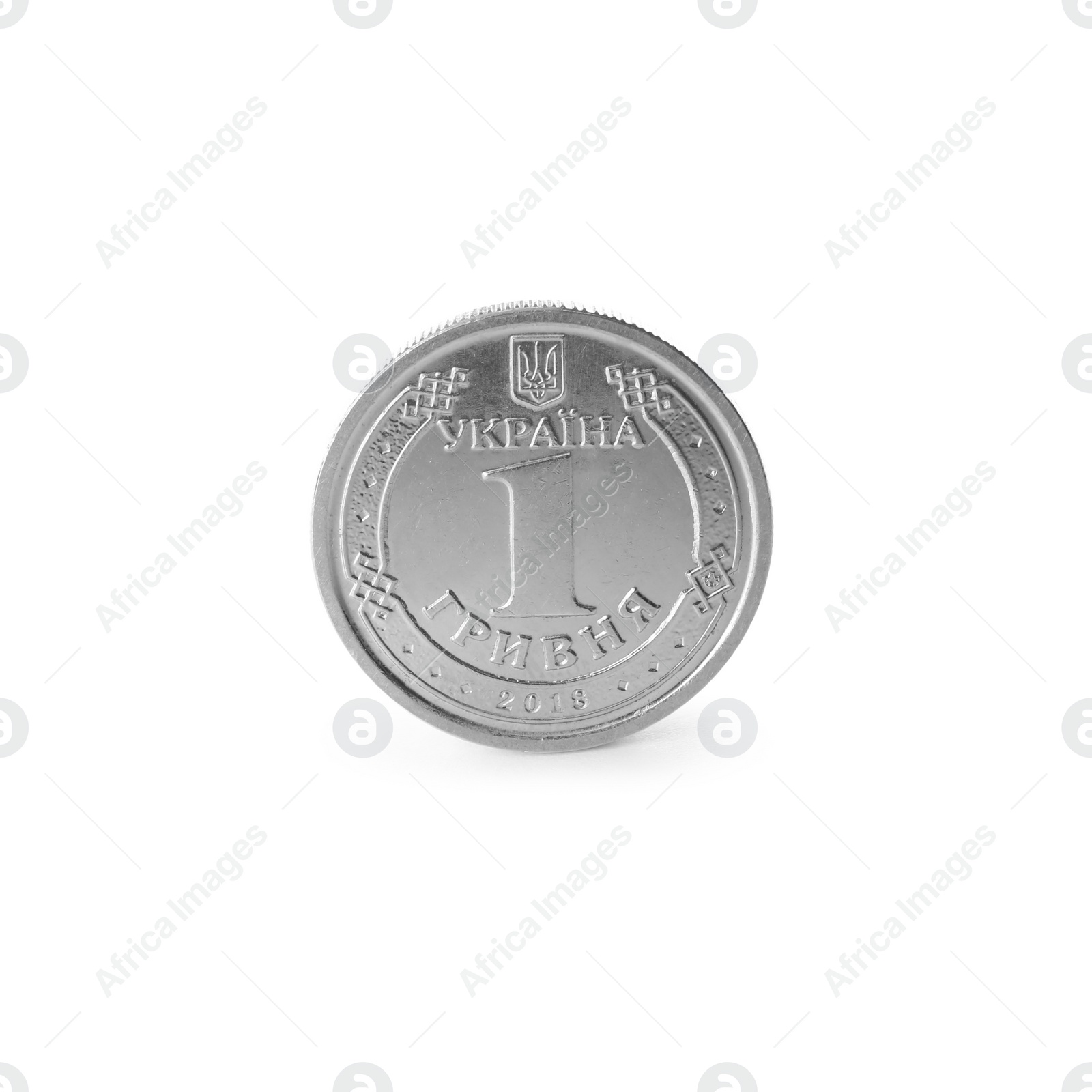 Photo of Ukrainian coin on white background. National currency