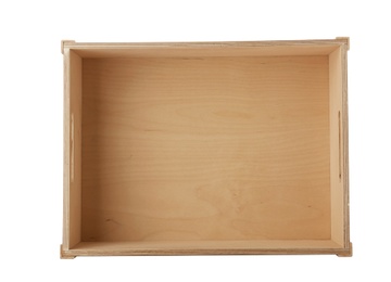 Photo of Empty wooden crate on white background, top view