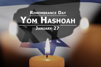 Image of Remembrance Day Yom Hashoah, January 27. Burning candles and flag of Israel, double exposure