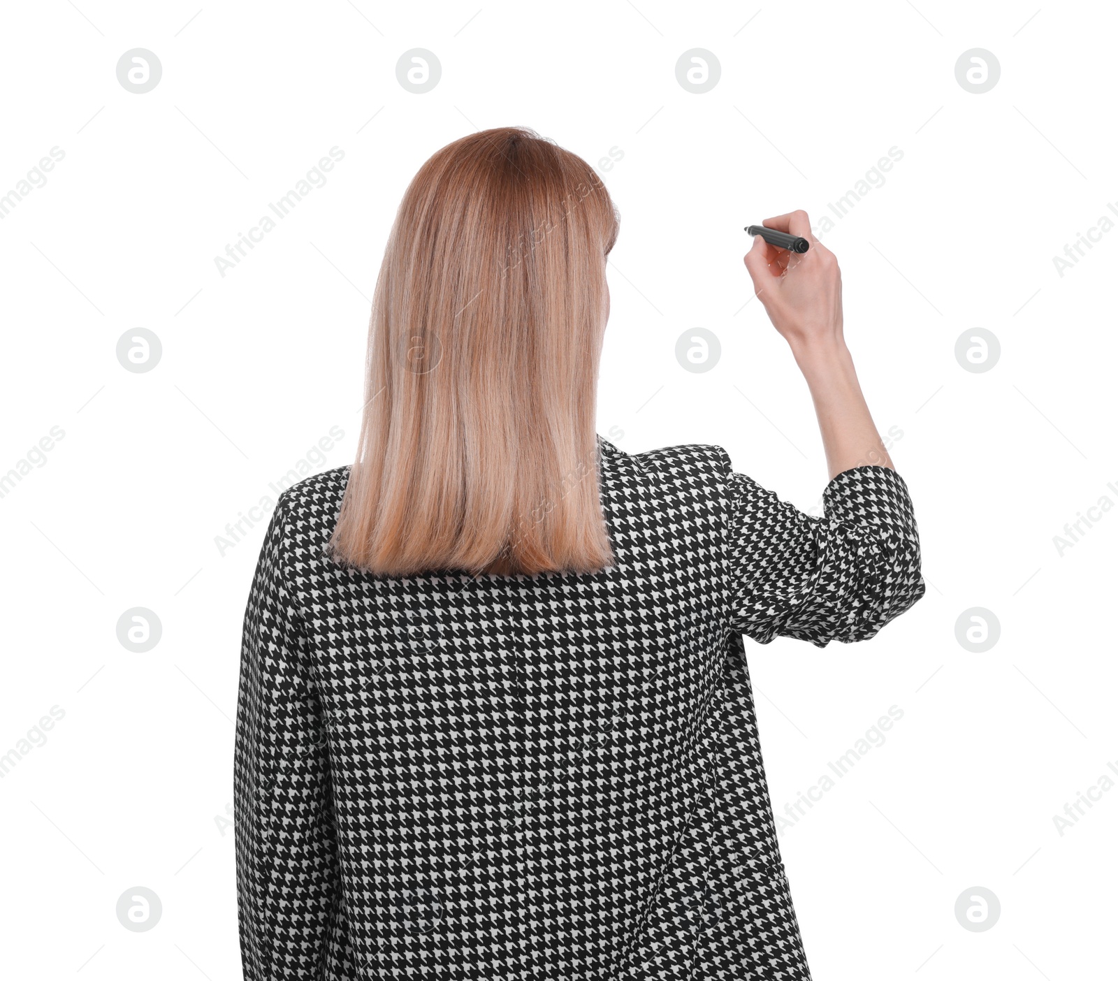 Photo of Businesswoman with marker on white background, back view