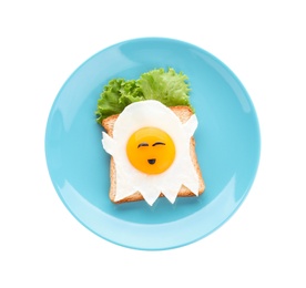 Photo of Halloween themed breakfast isolated on white, top view. Tasty toast with fried egg in shape of ghost