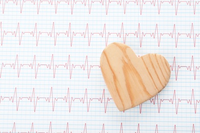 Photo of Wooden heart with space for text on cardiogram, top view