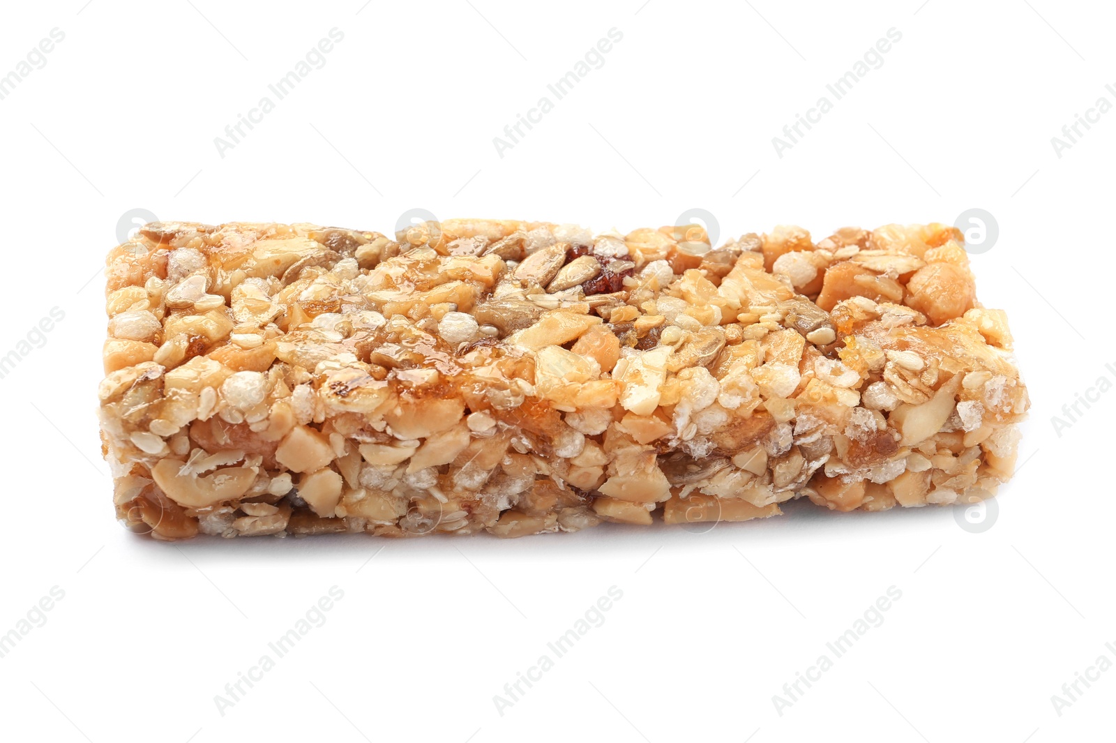 Photo of Grain cereal bar on white background. Healthy snack