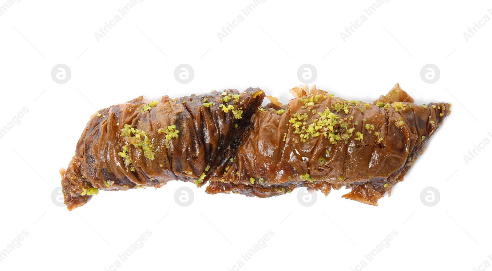 Photo of Delicious baklava with pistachios on white background, top view