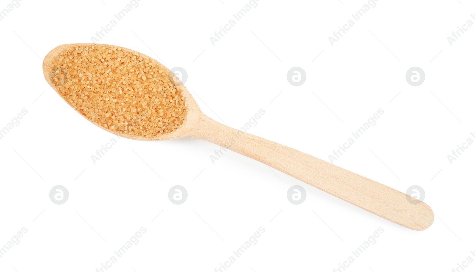 Photo of Wooden spoon with brown sugar isolated on white, top view