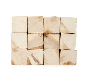 Photo of Stack of cut firewood on white background