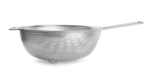 New clean sieve isolated on white. Cooking utensil