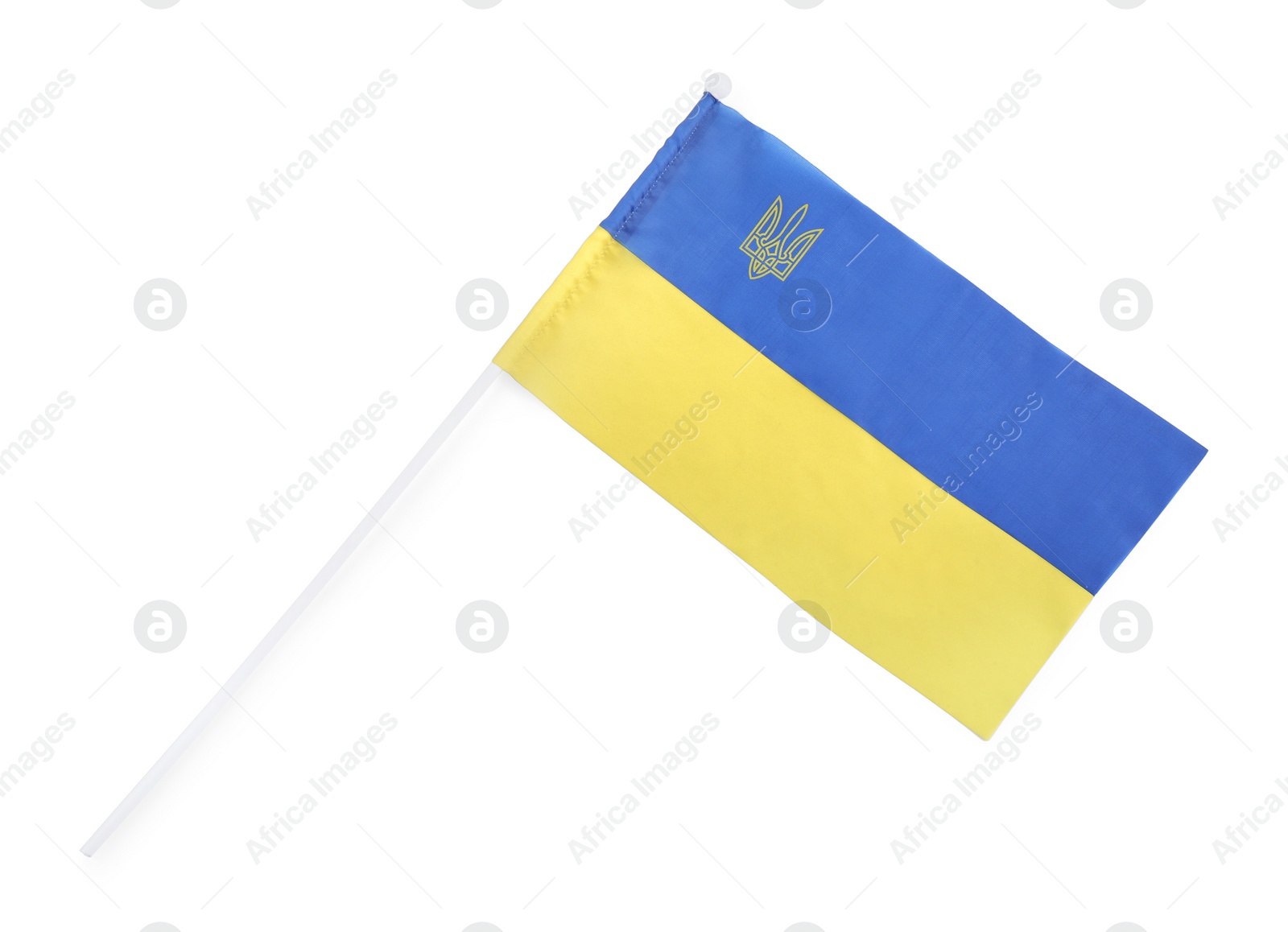 Photo of National flag of Ukraine isolated on white, top view