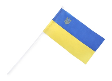Photo of National flag of Ukraine isolated on white, top view