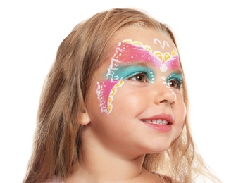 Photo of Cute little girl with face painting on white background