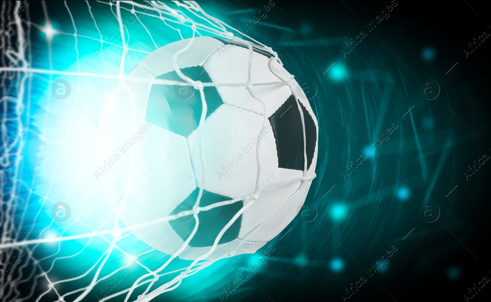 Image of Soccer ball in net on color background, space for text