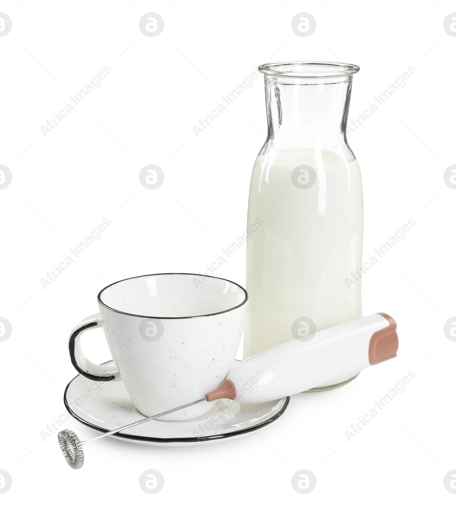 Photo of Mini mixer (milk frother), cup and bottle isolated on white