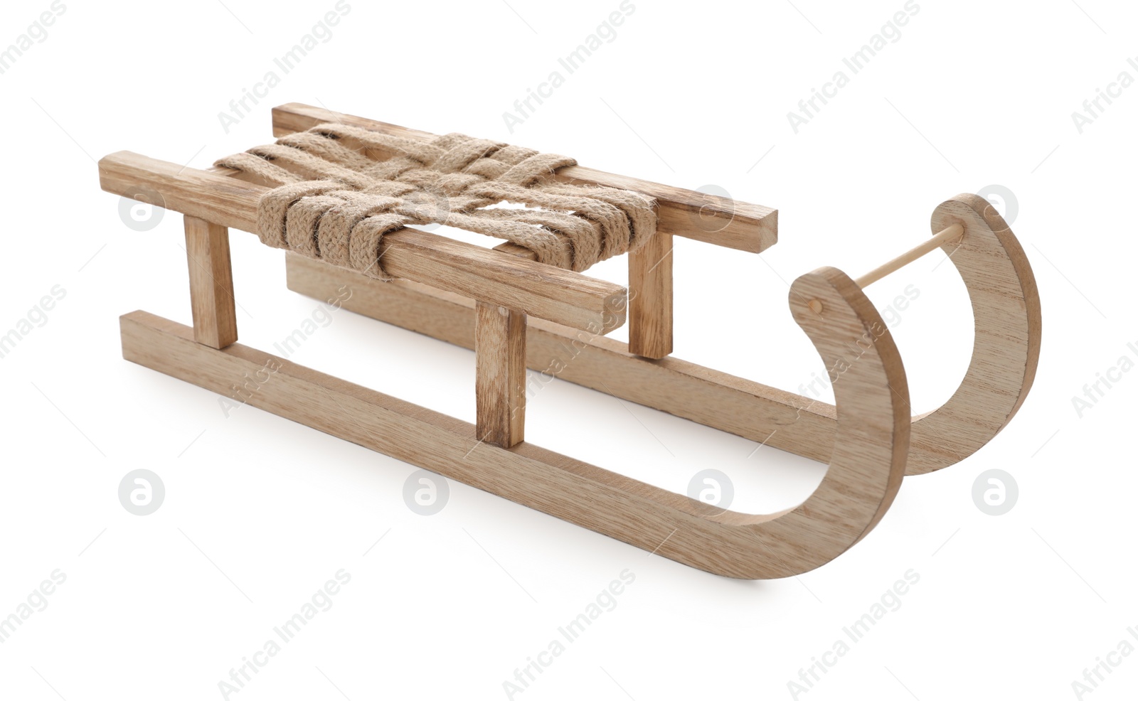 Photo of Beautiful decorative wooden sleigh on white background