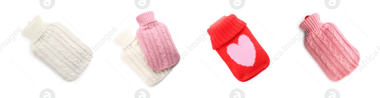 Image of Set of hot water bottles with knitted covers on white background. Banner design
